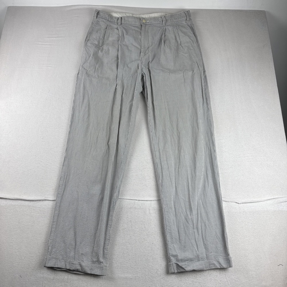 Brooks Brothers Mens Seersucker Blue White Pants 34*31 Cuffed Pleated coastal